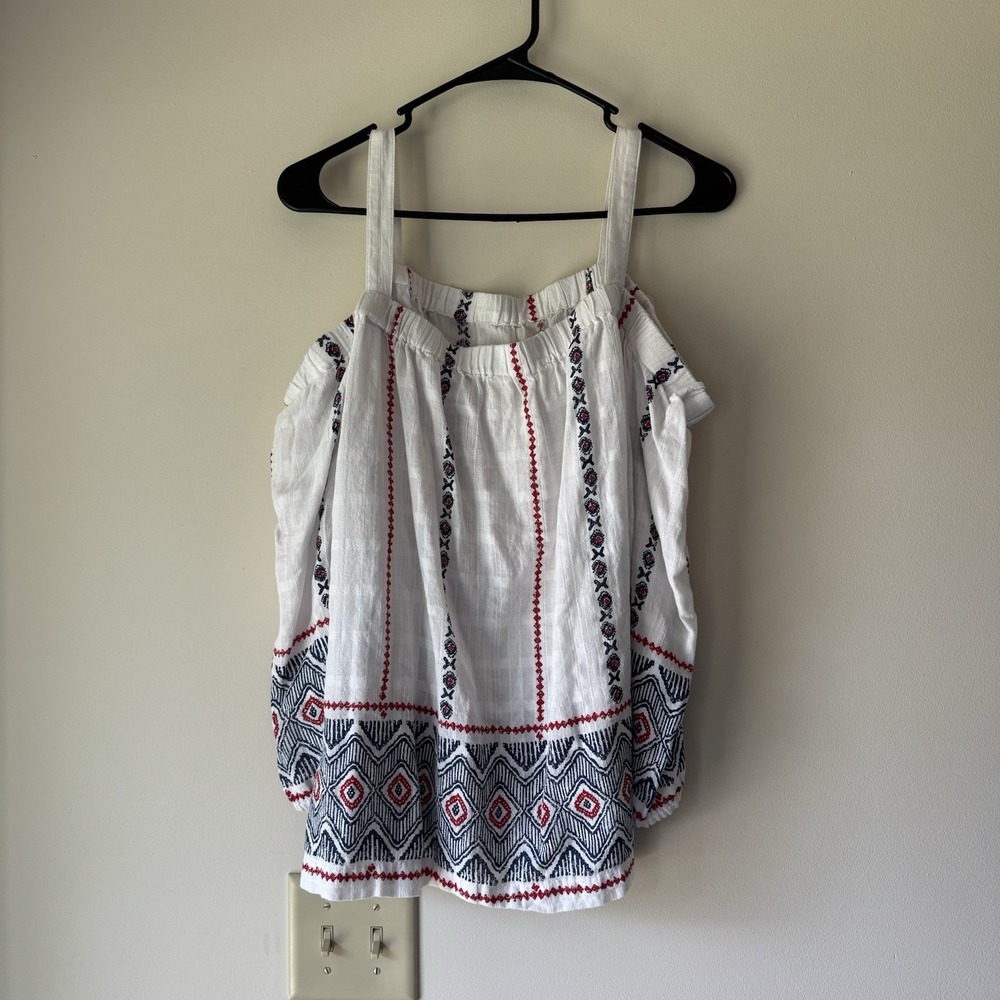 Kohls Boho Geometric Embroidered Cold Shoulder Top L White Blue Red Cotton